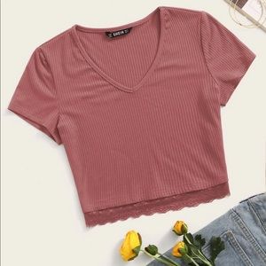 Lace Hem Rib-knit Crop Top (SHIEN)
